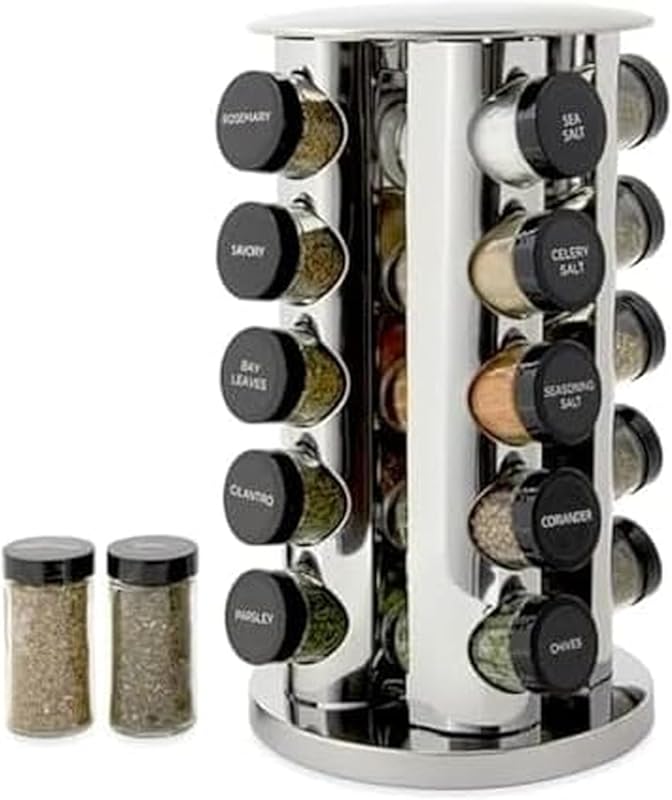 Kamenstein 20-Jar Stainless Steel Revolving Countertop Spice Rack, an 
