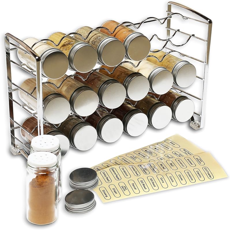 Deco Brothers Chrome Spice Rack Stand with 18 Bottles and 48 Labels