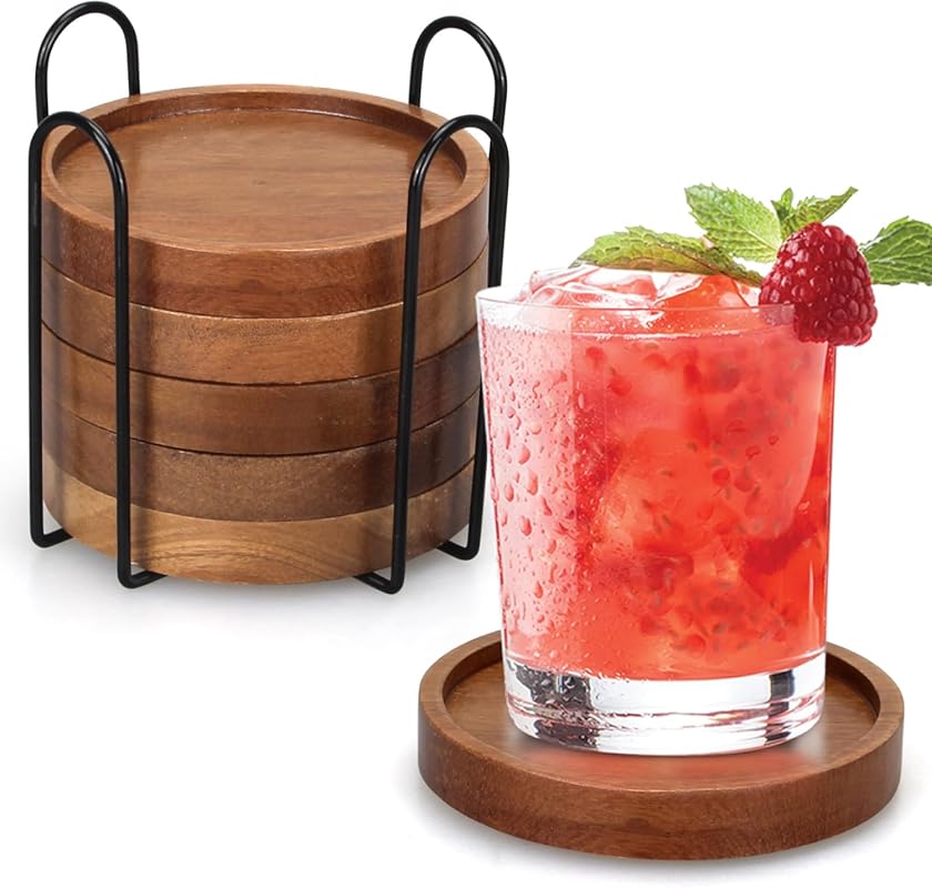 6-Piece Acacia Wood Coaster Set with Holder for Drinks on Wood Tables