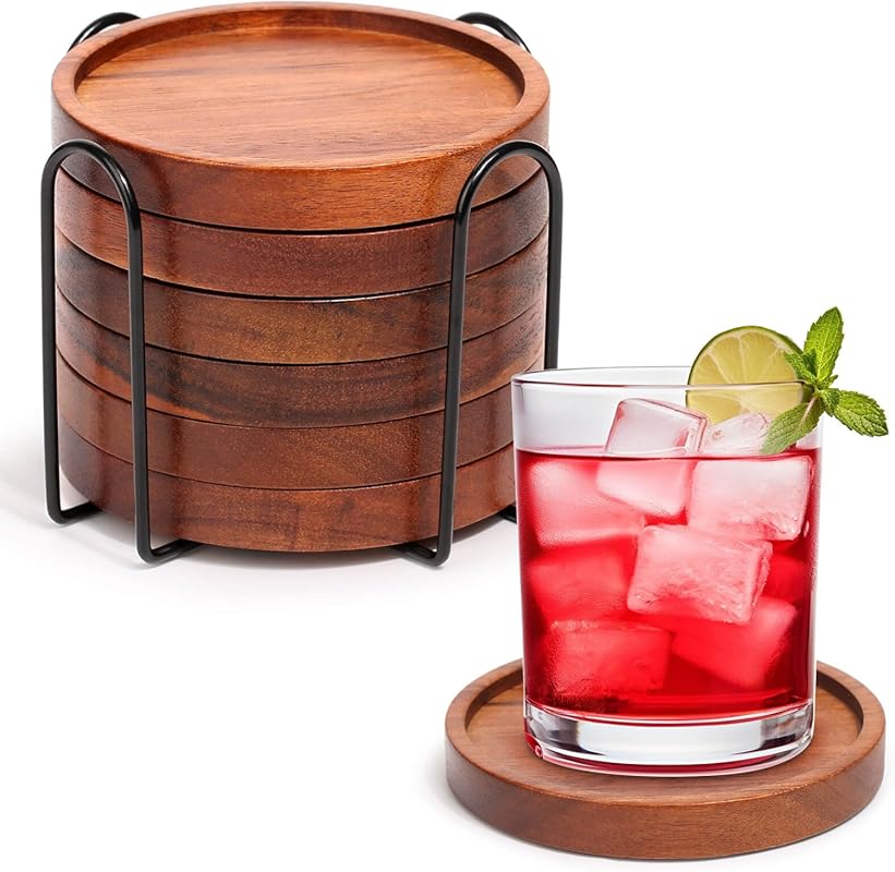 Acacia Wood Coasters with Holder, Set of 6: Essential for Wood Table P