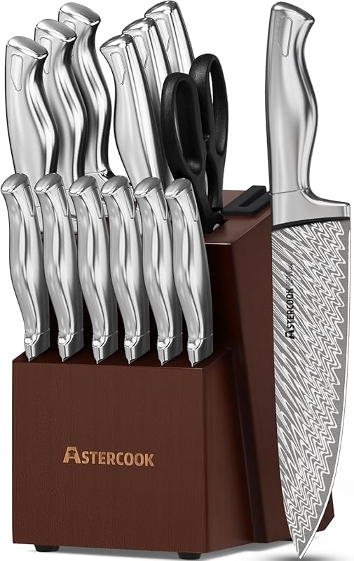 Astercook 15-Piece Kitchen Knife Set with Block: German Stainless Stee