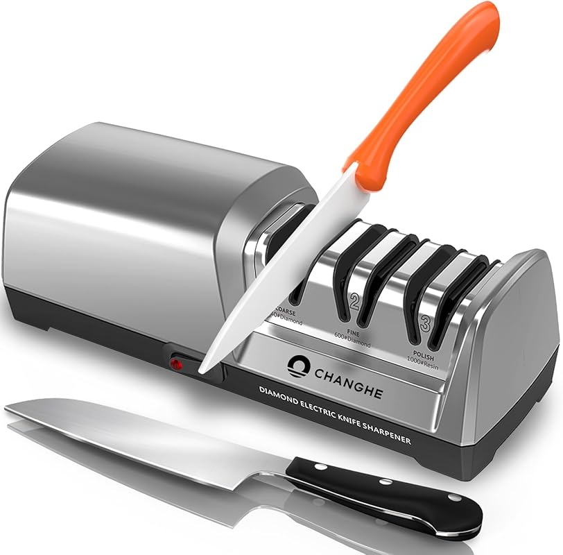 Electric 3-Stage Knife Sharpener with Diamond Abrasives and 15 Degree 