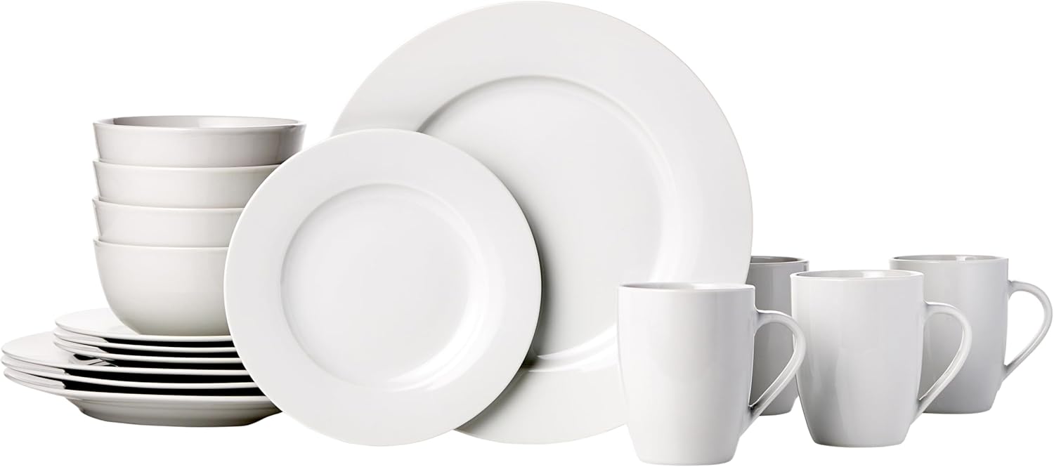 Amazon Basics White Porcelain 16-Piece Dinnerware Set with Plates, Ser