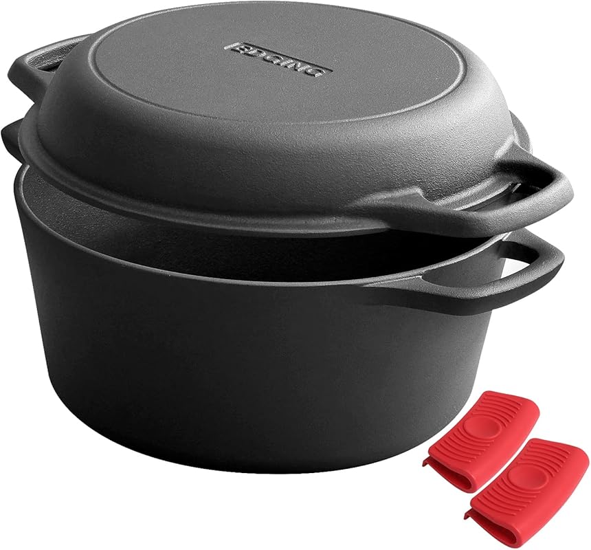 5 Qt 2-in-1 Pre-Seasoned Cast Iron Dutch Oven and Skillet Lid with Dua