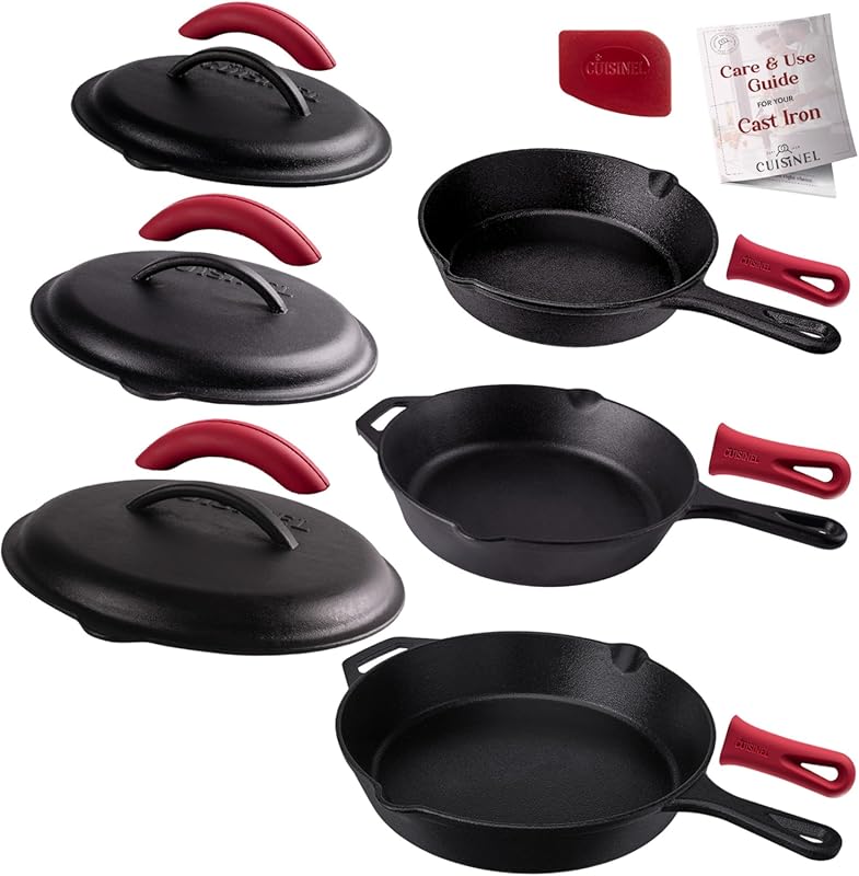 Cuisinel Pre-Seasoned Cast Iron Skillets Set with Lids and Silicone Ho