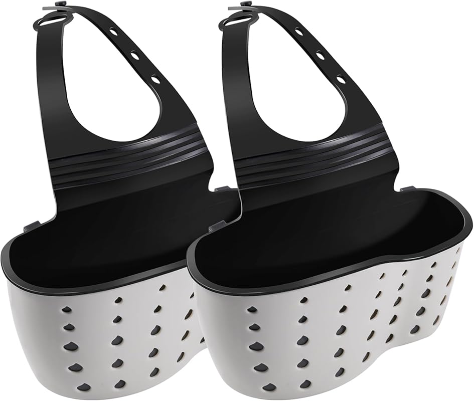 Beige Kitchen Sink Caddy Sponge Holder, Adjustable Faucet Strap with D