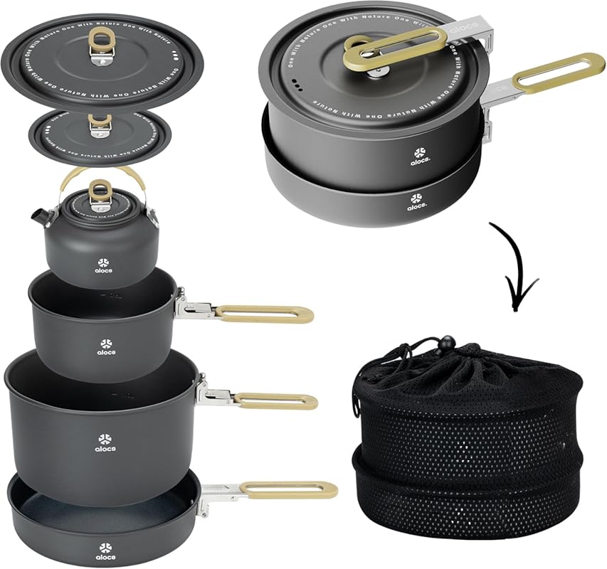 Alocs Camping Cookware Set - Lightweight Camping Pots and Pans - Porta