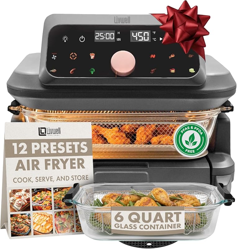 Livwell 6 Quart Glass Air Fryer with Pull-Out Drawer, PFOA/PFAS-Free a