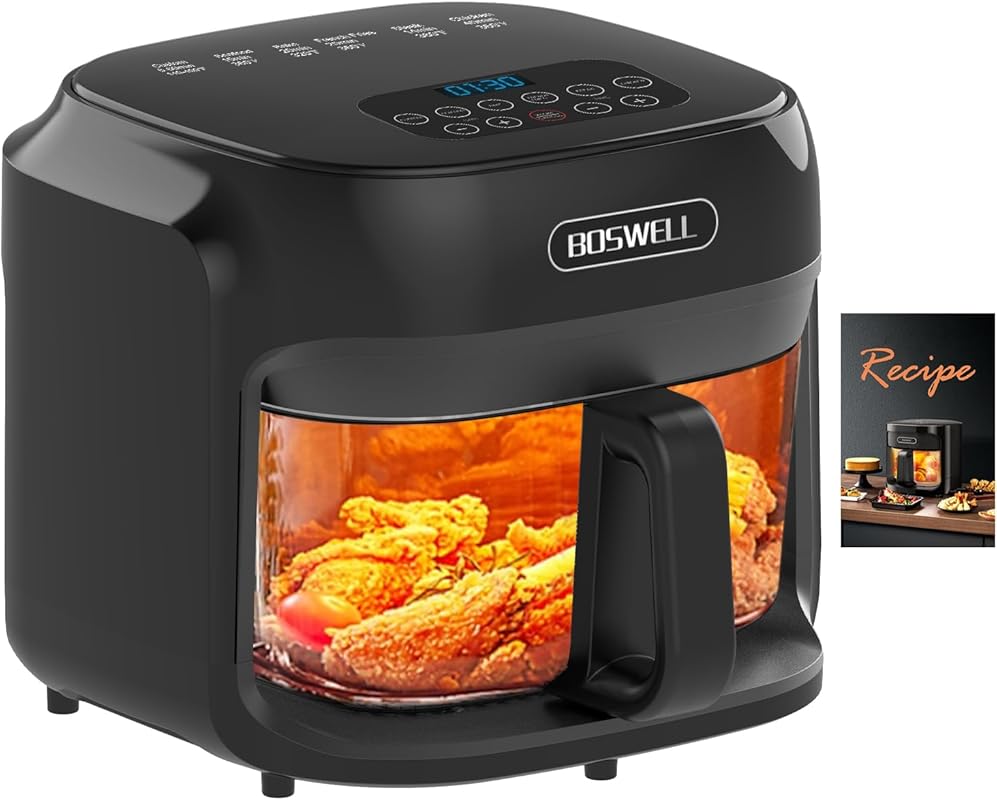 BOSWELL Glass Air Fryer, 7.5QT with Transparent Bowl, Temperature Cont