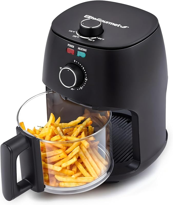 Elite Gourmet Glass Air Fryer, 2.4Qt, PFAS-Free Ceramic Rack, Adjustab