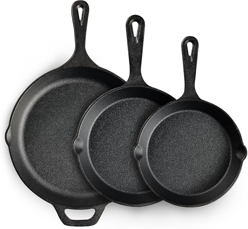 EWFEN 3-Piece Pre-Seasoned Cast Iron Skillet Set for Indoor Outdoor Co