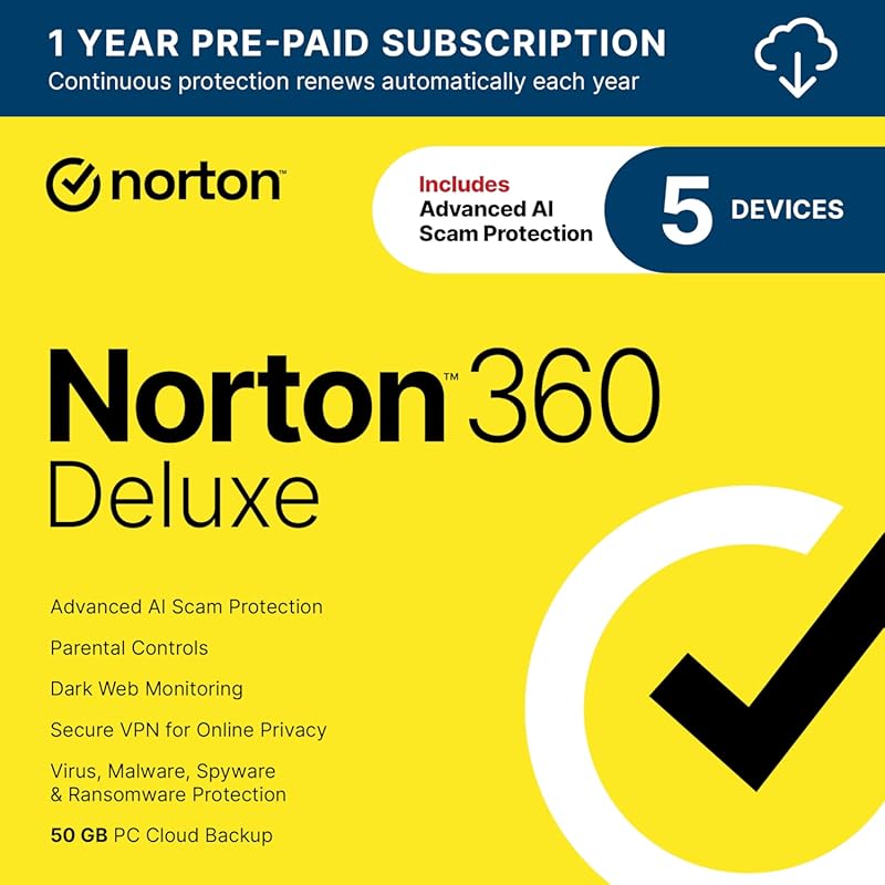 Norton 360 Deluxe Antivirus Software for 5 Devices. Includes VPN, Dark