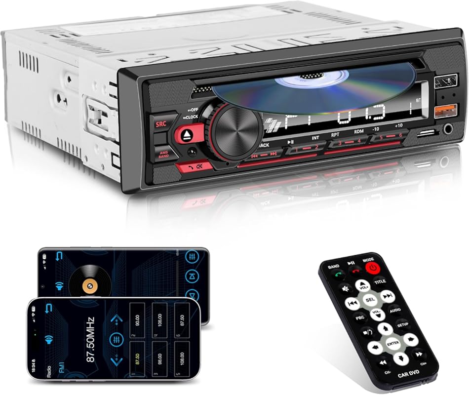 Single DIN Car Stereo with CD Player, Bluetooth, FM Radio, USB, AUX, S